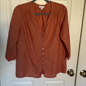 Pure jill 100% linen Terracotta Button-Up Blouse small petite